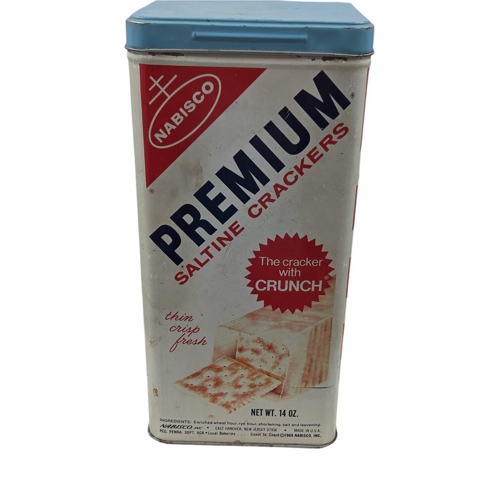Nabisco Premium Saltine Crackers Vintage Tin Canister Blue Lid 1969